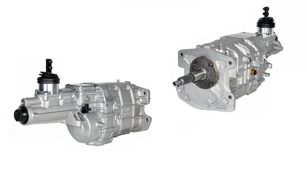 Front and rear view of a TREMEC TKX five speed manual transmission