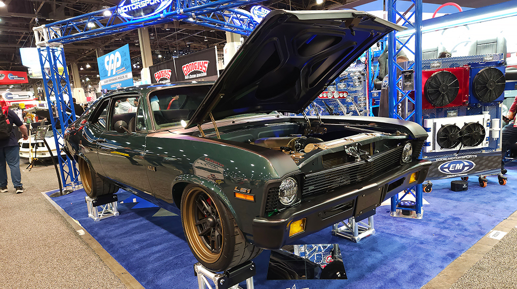 Attracting attention in the Eddie Motorsports booth was its killer Nova called “Renovated” rolling on some of the best looking custom wheels we’ve seen. The third pedal was easy to spot. 