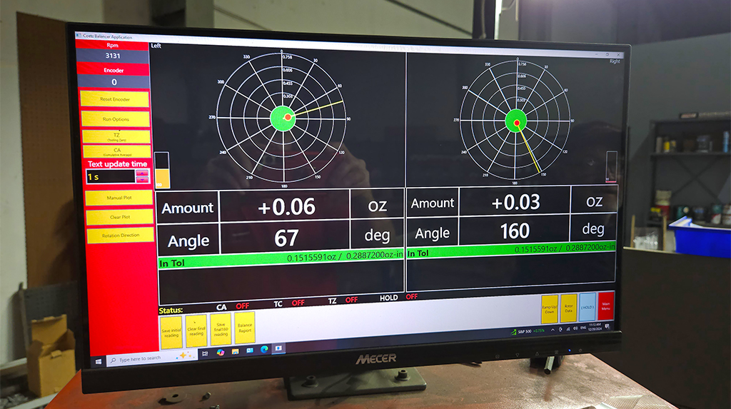 As the shaft is spun to test RPM, this screen will show how out of balance a shaft is and at what locations on the shaft counterweights need to be placed for proper balance. The shaft will be spun until it comes into balance. 