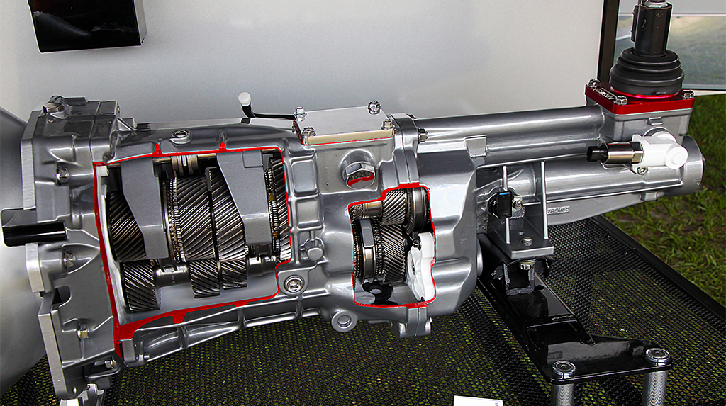 A cutaway display model of the TREMEC Magnum XL six-speed used in S197 and S550 Ford Mustangs and 5th generation Chevrolet Camaros