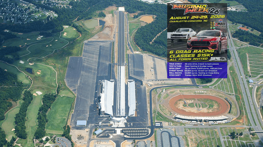 Aerial view of zMax Dragway in Concord, North Carolina, the host site for Mustang Week 2026