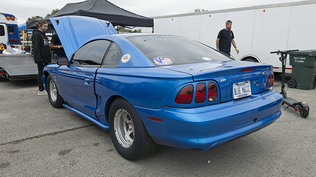 A 1998 Ford Cobra Mustang showing damage from a near rollover accident on the dragstrip at Beech Bend Raceway