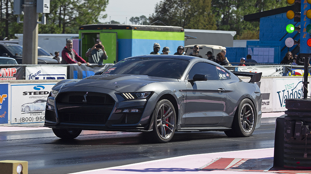 A 2021 Ford Shelby Mustang GT500 with a TREMEC TR-9070 dual clutch transmission launches off the starting line at South Georgia Motorsports Park while drag racing at the 2026 Mod Motor Nationals